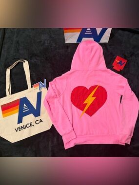 - NWT Aviator Nation Bolt Heart Zip Hoodie Neon Pink Medium + Tote